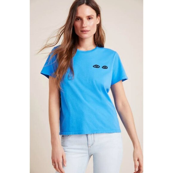 Clare V. Les Yeux Graphic Tee XS Blue Cotton Crewneck - Picture 1 of 12